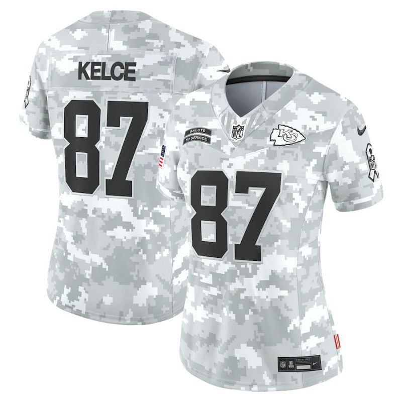 Women Kansas City Chiefs 87 Kelce Nike Arctic Camo 2024 Salute to Service Limited NFL Jersey